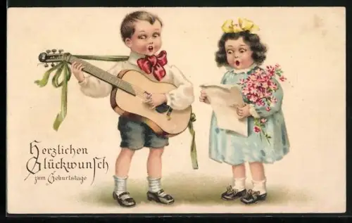 Künstler-AK Kinder singen und spielen Gitarre, Geburtstag
