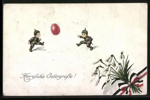 AK Jungen in Uniform mit Pickelhaube spielen Fussball mit einem Osterei, Schneeglöckchen mit Schleife