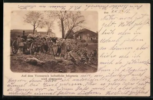 AK Soldaten der Infanterie auf Vormarsch mit Feldküche