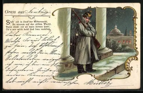 Lithographie Soldat in Uniform hält Wache