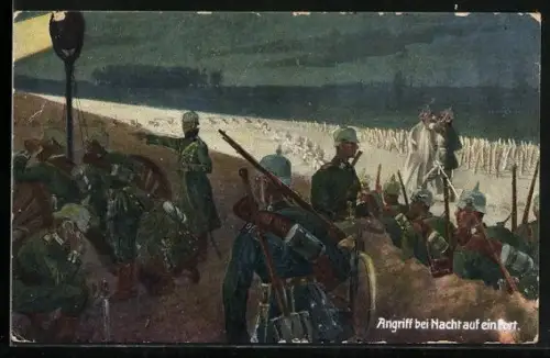 Künstler-AK Soldaten der Infanterie bei Nacht, Angriff auf ein Fort