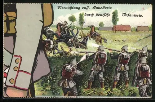 Künstler-AK Vernichtung russ. Kavallerie durch deutsche Infanterie