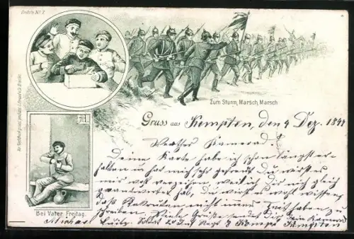 Lithographie Soldaten in Uniformen ziehen in den Kampf