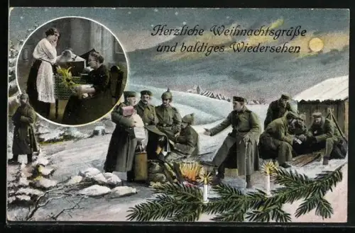 AK Soldaten im Lager mit Weihnachtsgeschenken, Herzliche Weihnachtsgrüsse