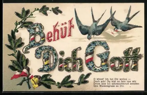 AK Schwalben mit Brief, Deutschland / Österreich - Behüt Dich Gott, mit Blumen verziert