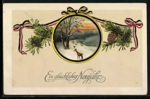 Künstler-AK Winterlandschaft mit Reh, Tannenzweige und Zweibund-Schleifen, Ein glückliches Neujahr
