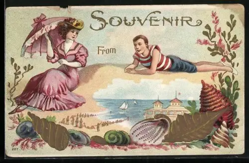 Passepartout-Lithographie junger Mann in Bademode liegt am Strand, Fräulein mit Schirm, Strandpartie, Muschel