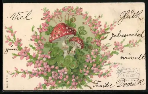 Lithographie Fliegenpilze und Klee mit Jahreszahl 1905, Neujahr