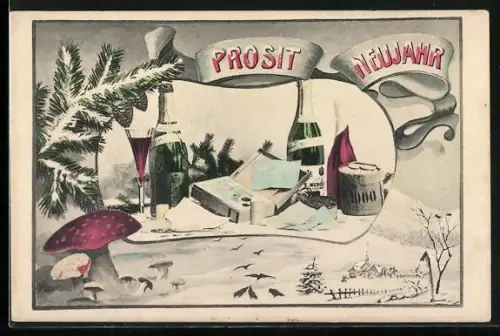 Künstler-AK Fliegenpilze im Schnee mit Sekt und Geld, Prosit Neujahr