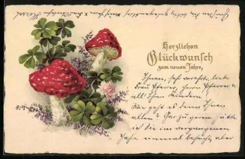 Künstler-AK Fliegenpilze mit blühendem Klee, Neujahr