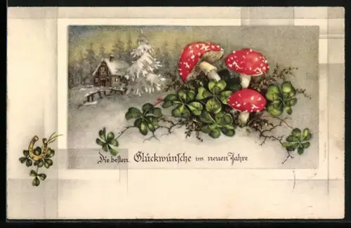 Künstler-AK Fliegenpilze mit Klee in einer Winterlandschaft, Neujahr