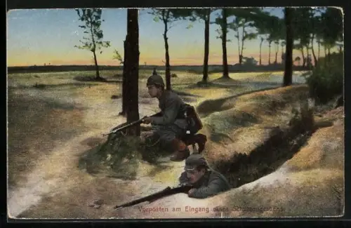 AK Soldaten in Uniformen als Vorposten am Eingang des Schützengrabens