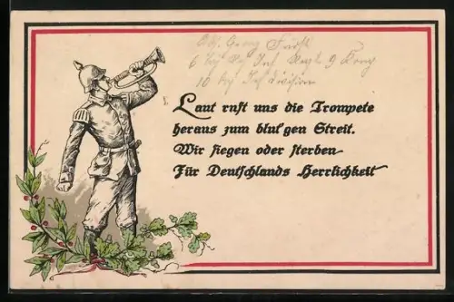 Künstler-AK Soldat mit Pickelhaube, Laut ruft uns die Trompete heraus zum blut`gen Streit...