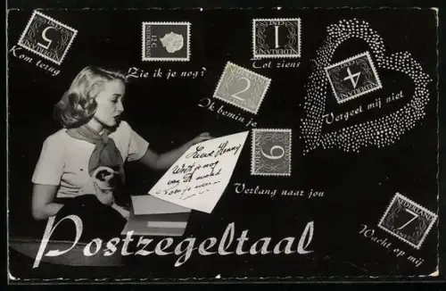 AK Frau mit einer Katze auf dem Schoss hält einen Brief in der Hand, Postzegeltaal