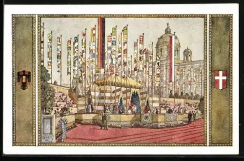 AK 10. Deutsches Sängerbundesfest Wien 1928, Festzelt am Burgring, Wappen