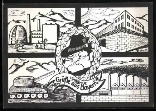 Künstler-AK Panzer und Fabrikgebäude, Porträt von Strauss Grüsse aus Bayern