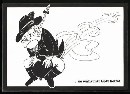 Künstler-AK Strauss als Baron Münchhausen auf einem Kanonenball, ... so wahr mir Gott helfe