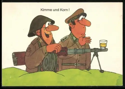 Künstler-AK Zwei Soldaten in Uniform mit einem Maschinengewehr