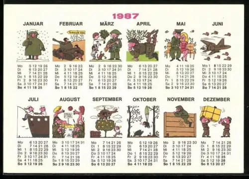 Künstler-AK Kalender 1987 mit Soldaten in verschiedenen Situationen