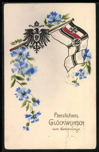 AK Reichskriegsflagge, Adler mit Kaiserkrone, Kornblumen