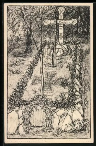 Künstler-AK Deutsches Heldengrab der 1915 bei Konopa u. Augustowo gefallenen Soldaten des Landwehr-IR 101 und 17