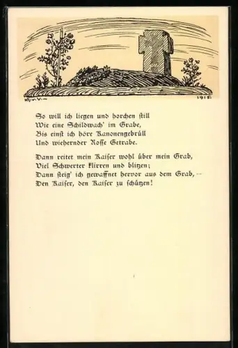 Künstler-AK Kriegsgräber, Gedicht So will ich liegen und horchen still...