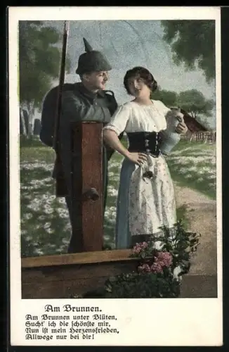 AK Soldate der Infanterie und junge Frau mit Wasserkrug