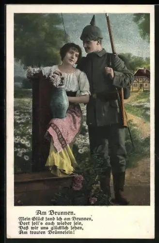 AK Soldat mit Marschausrüstung und junge Frau mit Wasserkrug