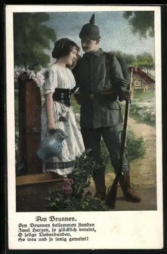 AK Soldat in Uniform mit Pickelhaube und Gewehr und junge Frau am Brunnen