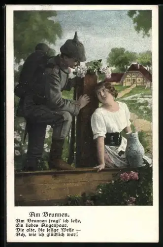 AK Soldat mit Pickelhaube und Marschausrüstung und junge Frau am Brunnen