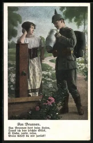 AK Soldat der Infanterie in Uniform mit Wasserkrug und junge Frau am Brunnen