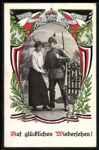 AK Soldat der Infanterie verabschiedet sich von junger Frau, Auf glückliches Wiedersehen!