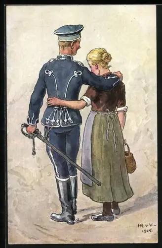 Künstler-AK Husar in Uniform mit Säbel im Arm mit junger Frau