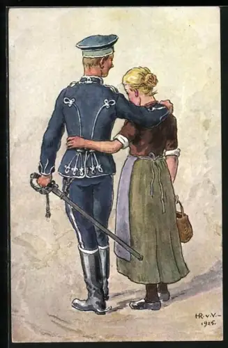 Künstler-AK Husar in Uniform mit Säbel umarmt junger Frau