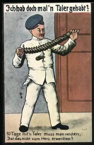Künstler-AK Soldat beim Betrachten seiner leeren Geldbörse, Ich hab doch mal`n Taler gehabt ?