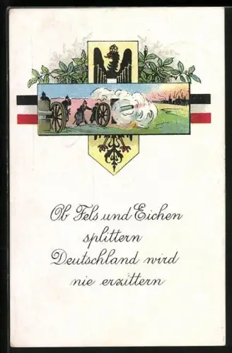 AK deutsche Soldaten an einem Geschütz, Wappen, Flagge und Lorbeeräste, patriotischer Spruch