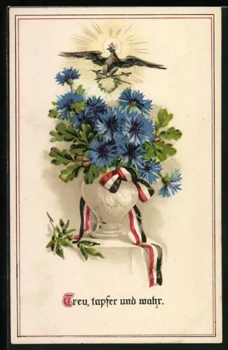 AK Eisernes Kreuz über einer Vase mit Kronblumen und Eichenlaub