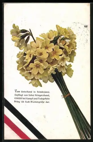 AK Strauss mit Primeln und schwarz-weiss-rotes Band