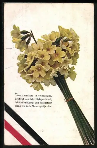 AK Strauss mit Primeln und schwarz-weiss-rotes Band
