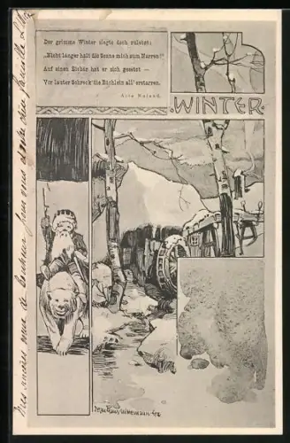 Künstler-AK Allegorie auf strengen Winter und Gedicht von Asta Roland