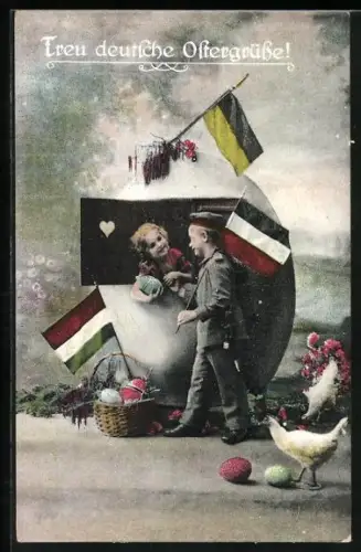 AK Knabe in Uniform mit Bajonett und Reichsfahne und Mädchen, Treu deutsche Ostergrüsse!