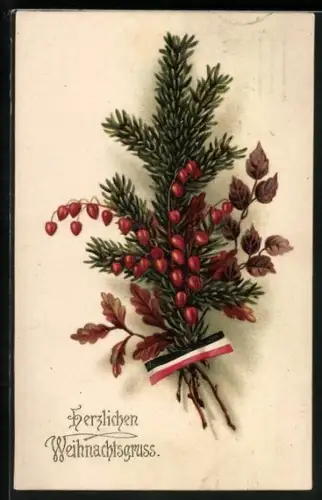 AK Tannenzweig und schwarz-weiss-rotes Band, Herzlichen Weihnachtsgruss