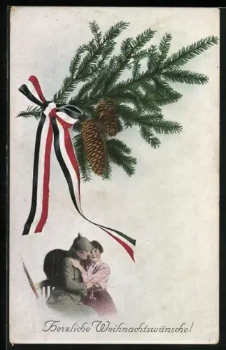 AK Tannenzweig mit Tannenzapfen und schwarz-weiss-rotes Band, Soldat in Uniform mit junger Frau