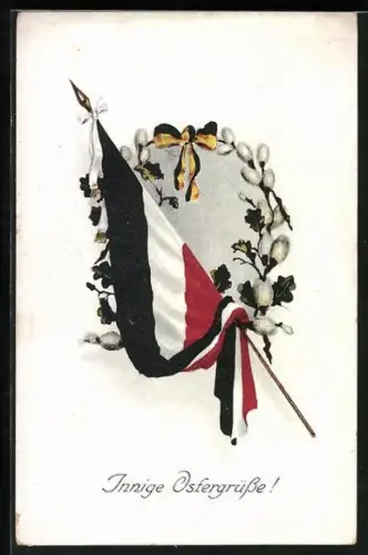 AK Reichsfahne und österr. Fahnenband mit Weidenkätzchen, Innige Ostergrüsse!
