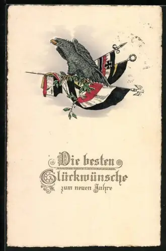 AK Reichsfahne, Reichskriegsflagge und österr. Fahne mit Adler, Die besten Glückwünsche zum neuen Jahre