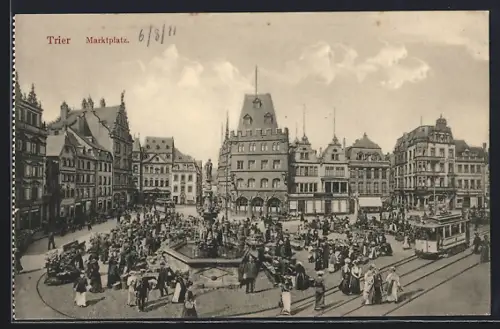 AK Trier, Ansicht vom Marktplatz, Strassenbahn
