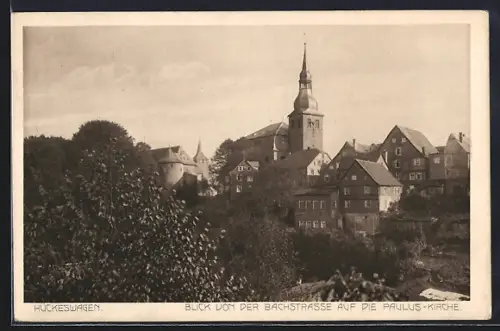 AK Hückeswagen, Blick von der Bachstrasse auf die Paulus-Kirche