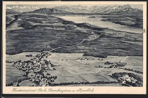 AK München-Forstenried, Totalansicht mit Park, Starnbergersee und Alpenblick