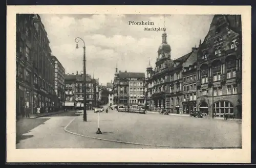 AK Pforzheim, Marktplatz mit Strassenbahn