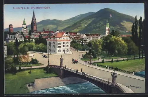 AK Freiburg i. B., Friedrichsbrücke, Stadtansicht, Münster